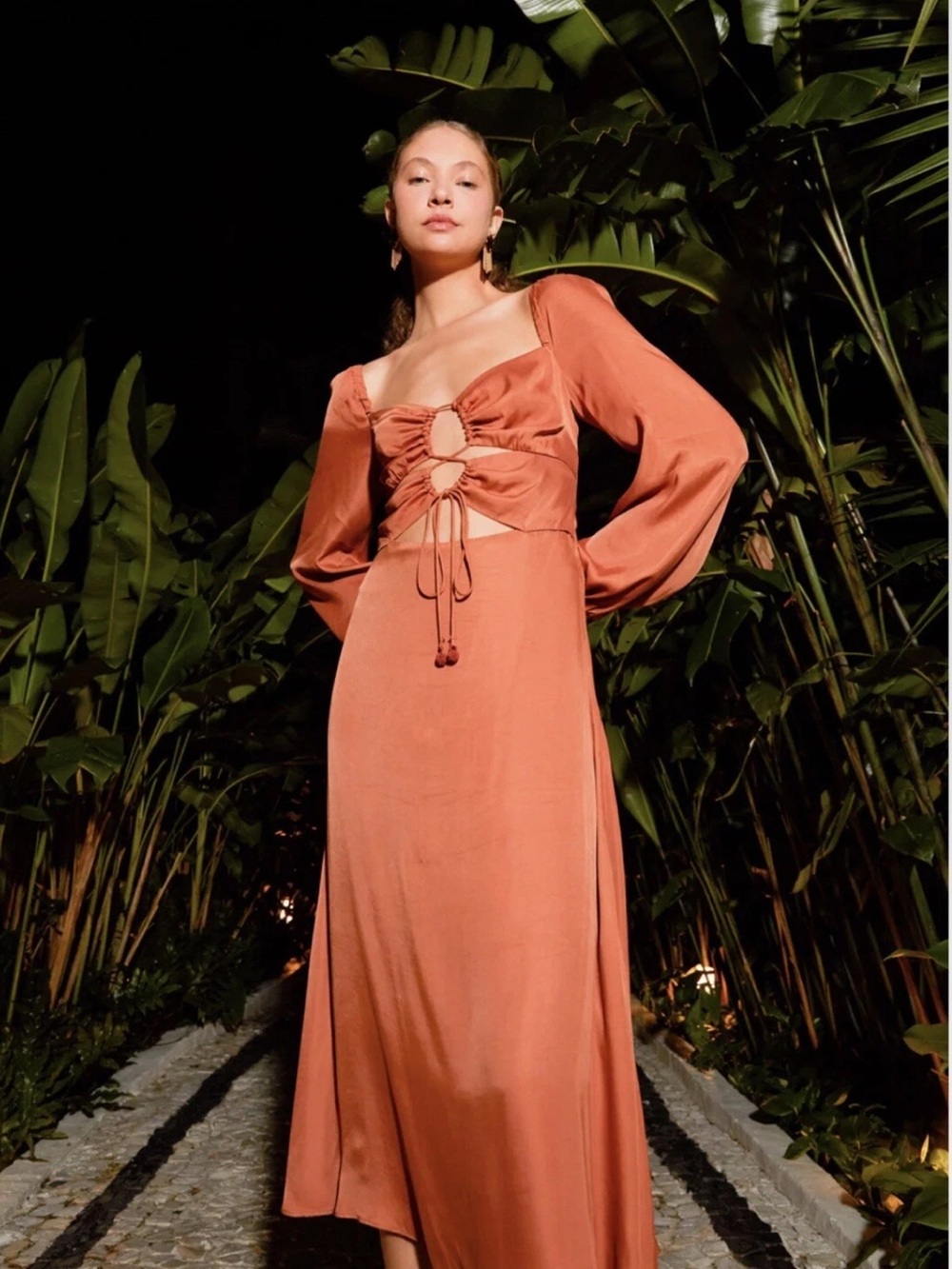FARM Rio Caramel Cut-Out Long sleeve Dress Size Medium